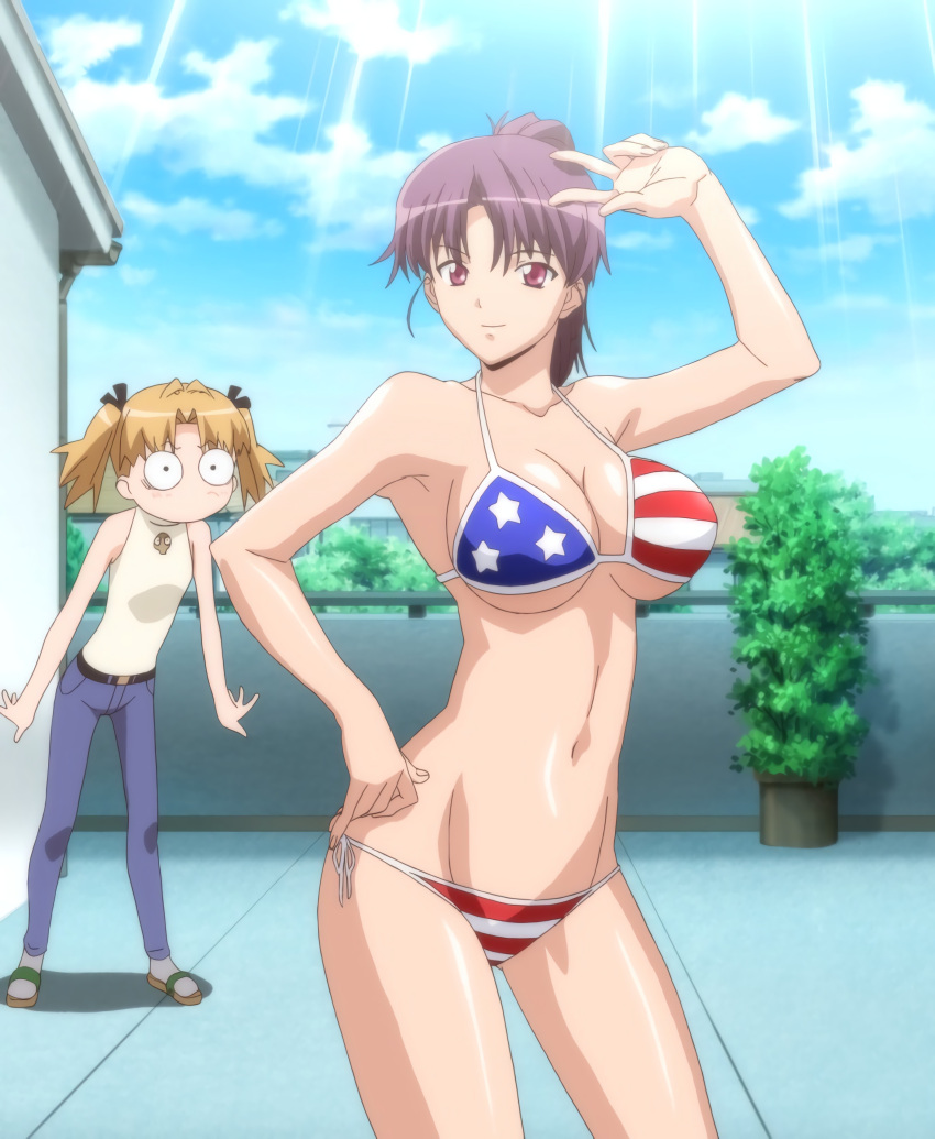 2girls accurate_art_style american_flag_bikini arm_up armpits big_breasts bikini blonde_hair breasts busty chinatsu_(sweet_home) cleavage clothing confident english_text female female_only furuhashi_chinatsu hand_on_hip hips large_breasts looking_at_viewer multiple_girls navel o_o ponytail pose purple_hair risa_(sweet_home) screencap screenshot sensual smile stitched sunshine surprised sweet_home swimsuit thick_thighs third-party_edit tomosato_risa twintails v voluptuous