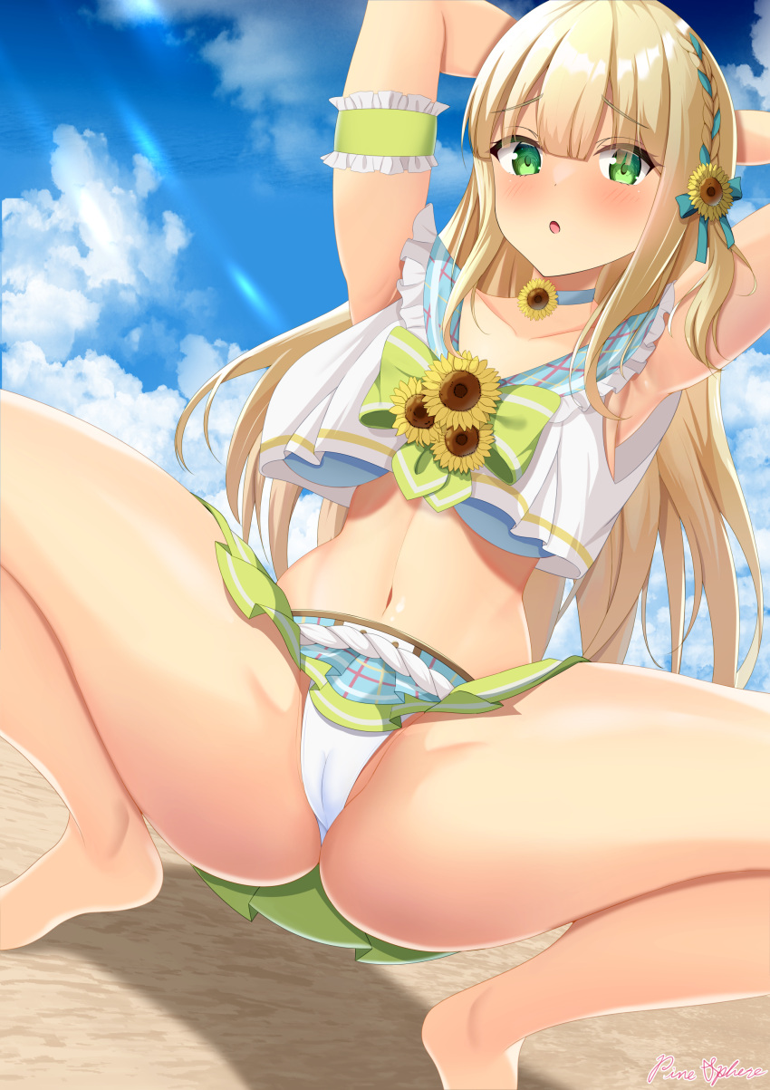 1girls :o absurdres armpits arms_behind_head arms_up bangs barefoot beach bikini bikini_skirt blonde_hair blue_sailor_collar blue_sky blunt_bangs blush braid breasts cameltoe choker cloud collarbone crotch day female flower green_eyes hair_up highres idoly_pride large_breasts lens_flare light-skinned_female light_skin long_hair looking_at_viewer navel open_mouth outdoors pinesphere pleated_skirt rei_ichinose sailor_bikini sailor_collar sand skirt sky solo spread_legs squatting sunflower swimsuit white_bikini