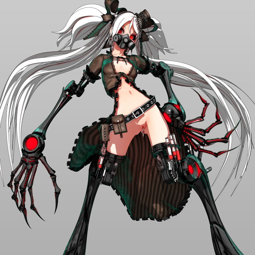 bottomless calne_ca cyborg deino_(artist) functionally_nude gas_mask maeda_koutarou open_clothes pussy pussy_piercing red_eyes white_hair