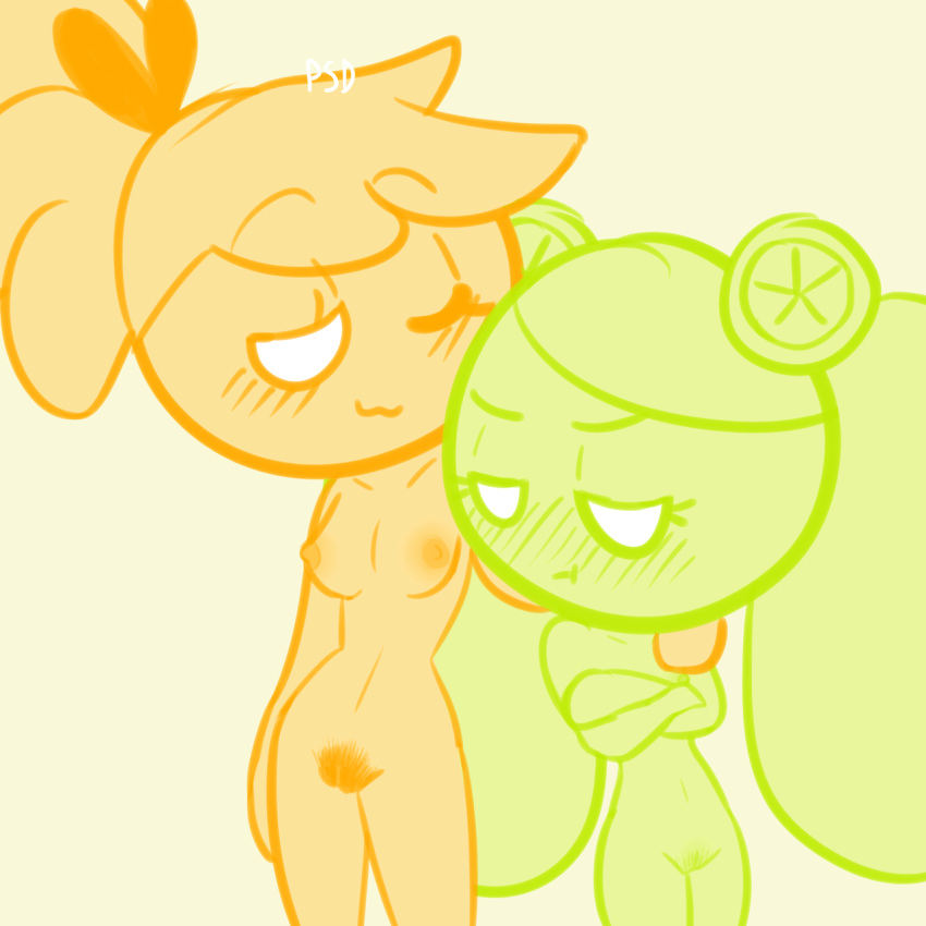 circle_head cookie_run cookie_run_ovenbreak green jealous lime_cookie naked orange orange_cookie psd_(artist) pubic_hair size_comparison size_difference small_breasts smaller_female taller_girl wholesome