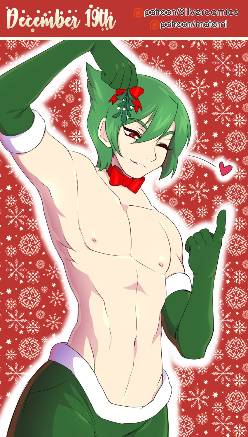 1boy bowtie christmas christmas_theme gallade green_hair male_focus matemi mistletoe muscles muscular_male one_eye_closed pokemon pokemon_(species) solo solo_focus solo_male topless white_skin