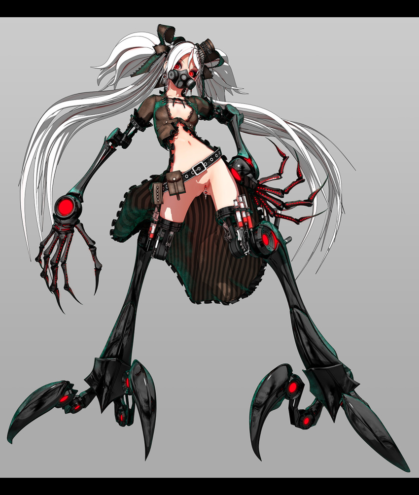 bottomless calne_ca cybernetic_limb cybernetics cyborg deino_(artist) functionally_nude gas_mask maeda_koutarou open_clothes pussy pussy_piercing red_eyes white_hair