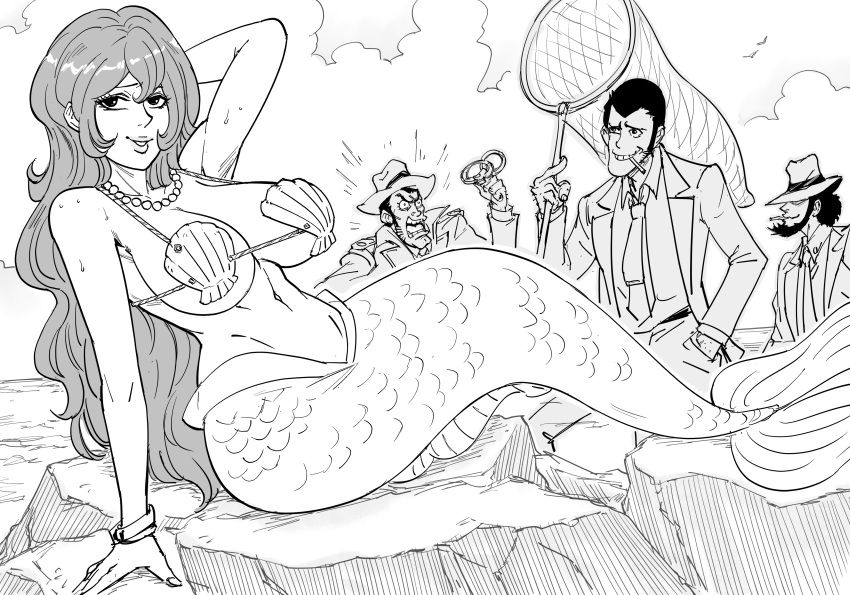 1girls 2022 3boys absurd_res arsene_lupin_iii bb_(baalbuddy) big_breasts daisuke_jigen female female_focus koichi_zenigata long_hair looking_at_viewer lupin_iii male manga_action mermaid mine_fujiko monochrome png shell_bikini smiling smiling_at_viewer smug tagme tms_entertainment white_background