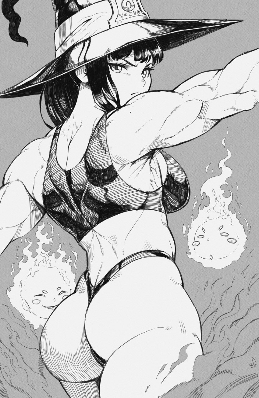 1girls absurd_res artist_signature ass back back_muscles back_view bare_midriff bare_shoulders barely_clothed biceps big_ass big_butt black_hair blush breasts dat_ass enen_no_shouboutai fire fire_force frown greyscale hat looking_at_viewer looking_back looking_over_shoulder midriff monochrome muscles muscular muscular_arms muscular_back muscular_female muscular_legs oze_maki sideboob sidelocks simple_background speedl00ver sports_bra thick_thighs thong witch_hat