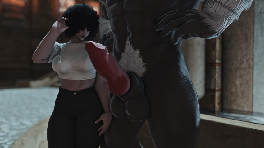 3d anthro balls big_ass big_balls big_breasts big_butt big_penis big_thighs black_female clothing dark-skinned_female final_fantasy final_fantasy_xiv fur furry gpose(ffxiv) hrothgar knot knotted_penis male muscular_male penis roegadyn thick_lips waemthota_zirnwyb werewolf