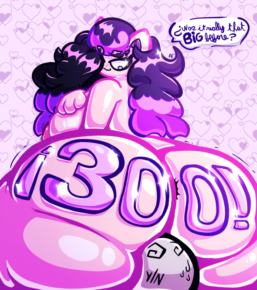 anthro big_boobs big_breast big_butt black_hair blue_eyes dialogue dialogue_bubble eyebrows eyelashes facesitting hyper hyper_butt jigglypuff katie_(puffylover69) looking_back looking_down number numbers pink_skin pokemon pokemon_(species) puffylover69 purple_background purple_hair purple_heart purple_hearts questioning shocked_expression y/n