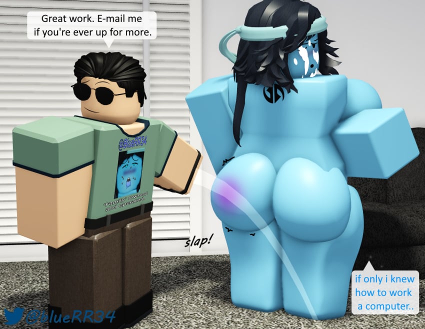 3d big_ass big_breasts black_eyes black_hair blue_skin bluerr34 completely_nude dialogue female headband male mob_face original_character roblox robloxian self_upload shiram sound_effects tagme tattoo text twitter_username