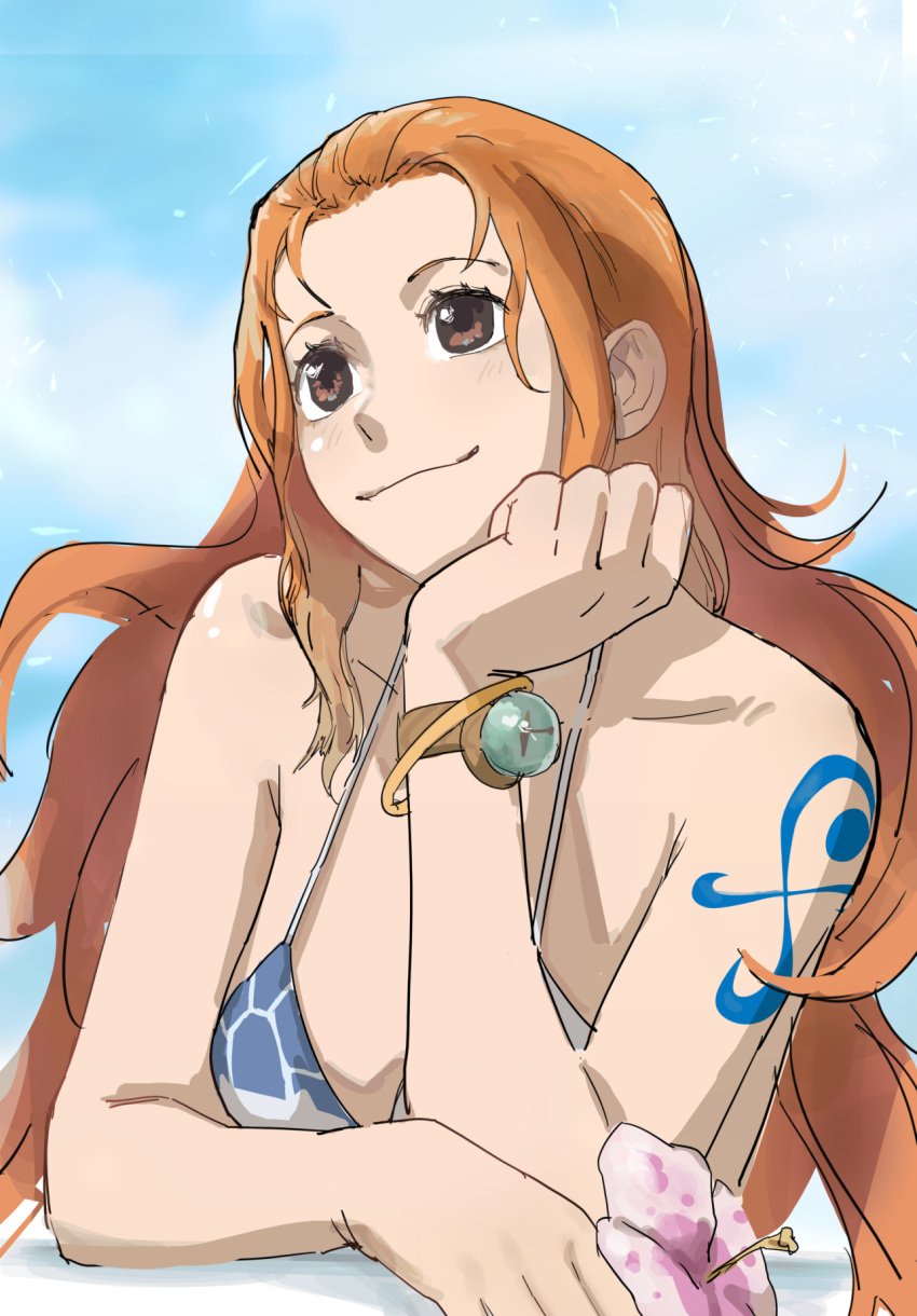 1girls big_breasts bikini casual cleavage female female_only happy_girl icebuko light-skinned_female nami one_piece one_piece_film_gold post-timeskip red_hair shounen_jump smile solo