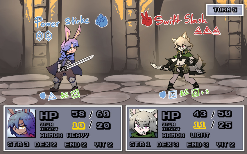 battle bunny_boy_the_swordman_rabbit_(juztplay) gameplay_mechanics health_bar hp_bar juztplay medival numbers rock_paper_scissors rogue_the_wolf_girl_(juztplay) rpg_game safe_for_work sfw tagme trpg