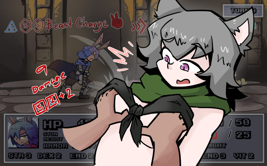 battle bunny_boy_the_swordman_rabbit_(juztplay) eyebrows_visible_through_hair gameplay_mechanics grabbing grabbing_breasts health_bar hi_res high_quality hp_bar juztplay medival numbers open_mouth rock_paper_scissors rogue_the_wolf_girl_(juztplay) rpg_game trpg