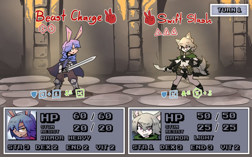 battle bunny_boy_the_swordman_rabbit_(juztplay) gameplay_mechanics health_bar hp_bar juztplay medival numbers rock_paper_scissors rogue_the_wolf_girl_(juztplay) rpg_game safe_for_work sfw tagme trpg