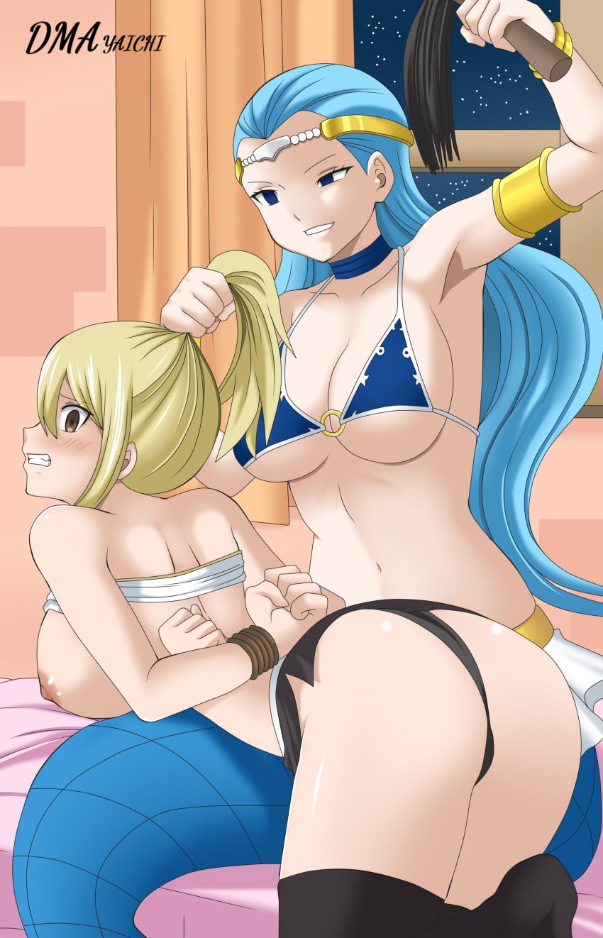 2girls aquarius_(fairy_tail) ass big_breasts bikini_top black_stockings black_thong blonde_hair blue_hair blue_tail breasts dmayaichi fairy_tail fish_tail huge_ass long_hair lucy_heartfilia mermaid mermaid_tail monster_girl multiple_girls seductive_look seductive_pose skirt_lift stockings thong yuri