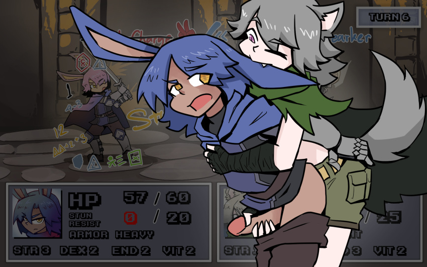 anthro battle bunny_boy bunny_boy_the_swordman_rabbit_(juztplay) femboy gameplay_mechanics handjob handjob_from_behind health_bar hi_res high_quality hp_bar juztplay medival nibbling nibbling_ear numbers rock_paper_scissors rogue_the_wolf_girl_(juztplay) rpg_game tagme trpg