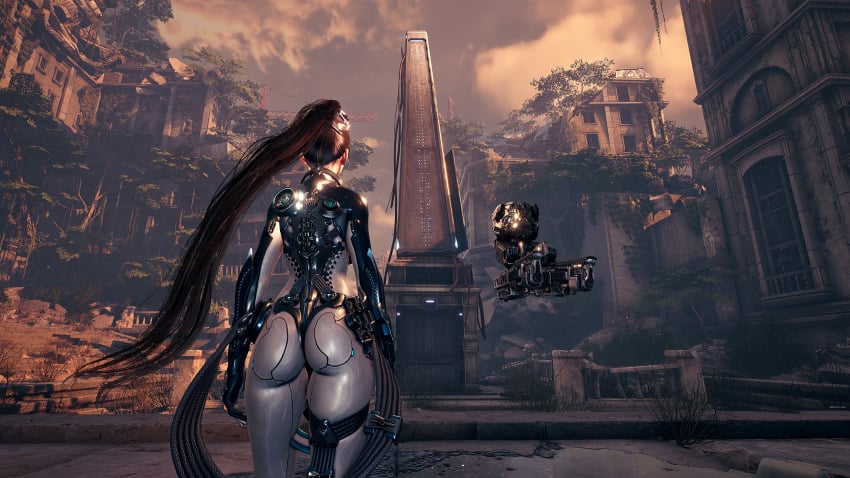 1girl 1girls 3d absurdres ass black_hair bodysuit cyberpunk eve_(stellar_blade) facing_away female from_behind highres long_hair official_art outdoors ponytail raven_suit_(stellar_blade) solo standing stellar_blade very_long_hair white_bodysuit