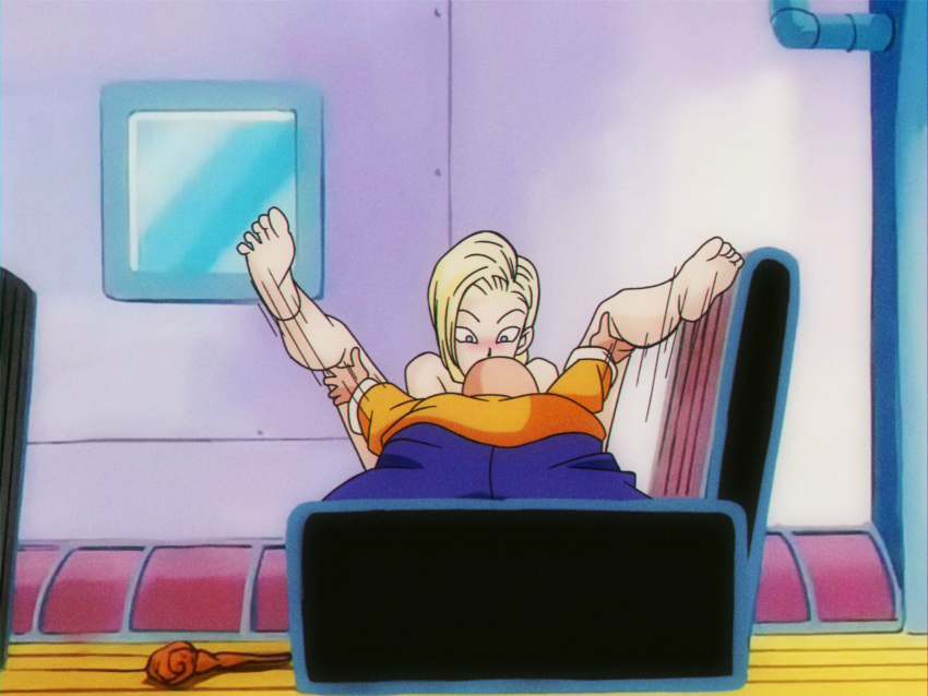 android_18 blue_eyes blush blushing canonical_scene dragon_ball dragon_ball_z eating_pussy feet feet_up gmr legs_up licking_pussy master_roshi naked nude older_male pervert soles