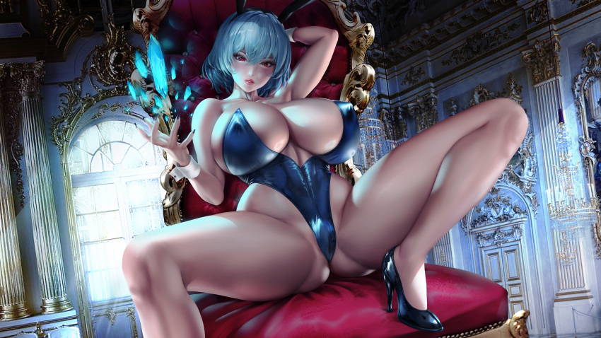 16:10_aspect_ratio 16:9 1girls absurd_res absurdres bangs bare_arms bare_legs bare_shoulders bare_thighs big_breasts black_heels black_shoes blue_clothes blue_clothing blue_hair blue_leotard blue_nail_polish blue_nails breasts bunny_ears bunny_girl bunnysuit busty chair cleavage clothed clothed_female clothing cuffs detached_cuffs detailed_background female female_focus female_only fingernails fit fit_female hand_on_chair heels high_resolution highres huge_breasts huge_filesize large_breasts large_filesize last_origin legs legs_apart leotard lexaiduer light-skinned_female light_skin looking_at_viewer massive_breasts nail_polish nails on_chair open_legs parted_lips red_eyes shiny_shoes shoes short_hair solo solo_female solo_focus thick_thighs thighs titania_frost toned toned_female very_high_resolution