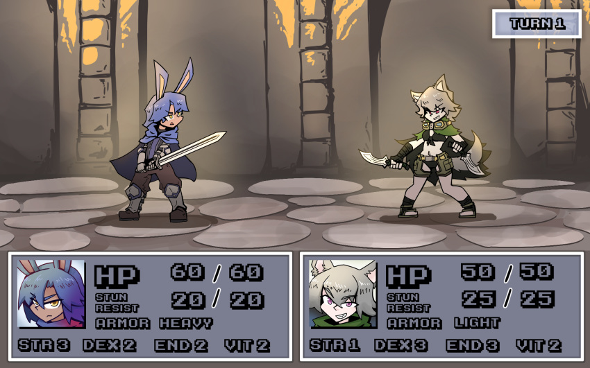 battle bunny_boy_the_swordman_rabbit_(juztplay) gameplay_mechanics health_bar hp_bar juztplay medival numbers rogue_the_wolf_girl_(juztplay) rpg_game safe_for_work sfw tagme trpg