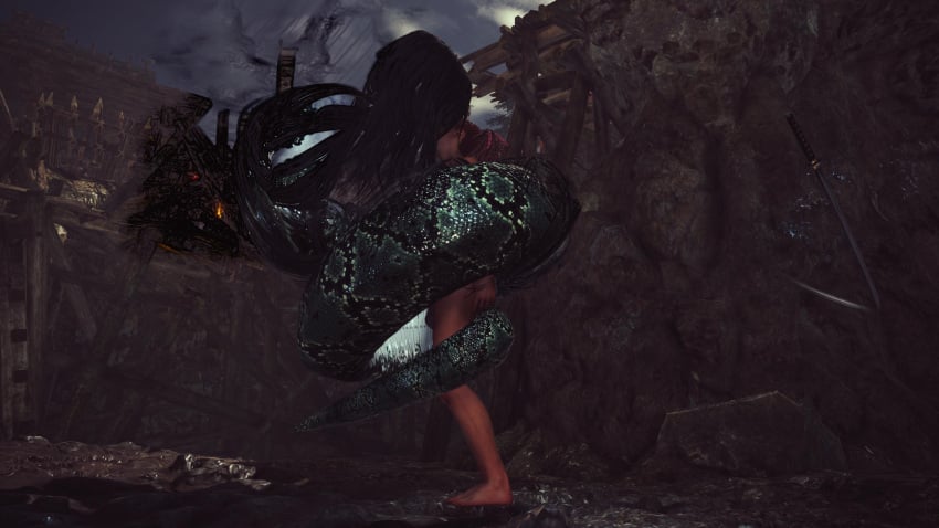 braided_hair captured coiling dark-skinned_female defeated face_lick feet female_only helpless imminent_rape kissing koei_tecmo licking long_hair monster nioh_2 nure-onna nure_onna peril sleep_molestation sleeping snake squeezing team_ninja unconscious