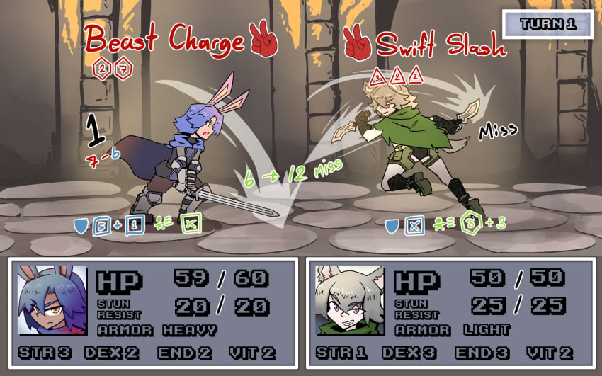 battle bunny_boy_the_swordman_rabbit_(juztplay) gameplay_mechanics health_bar hp_bar juztplay medival numbers rock_paper_scissors rogue_the_wolf_girl_(juztplay) rpg_game safe_for_work sfw tagme trpg