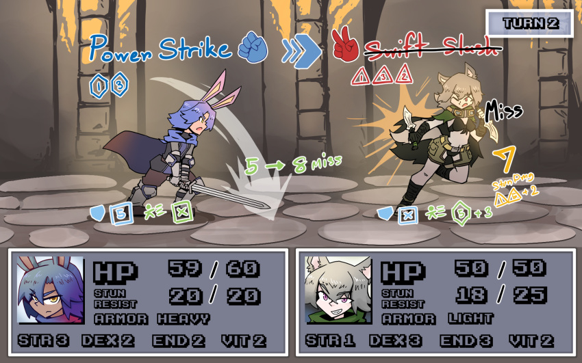 battle bunny_boy_the_swordman_rabbit_(juztplay) gameplay_mechanics health_bar hp_bar juztplay medival numbers rock_paper_scissors rogue_the_wolf_girl_(juztplay) rpg_game safe_for_work sfw tagme trpg