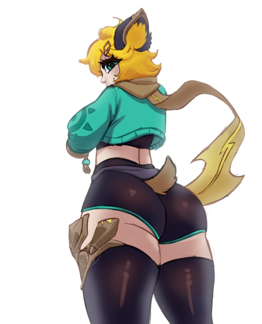 ass booty_shorts demi_human furry girl joy_(mobile_legends) mobile_legends mobile_legends:_bang_bang raccoon short_hair short_tail smaller_female solo