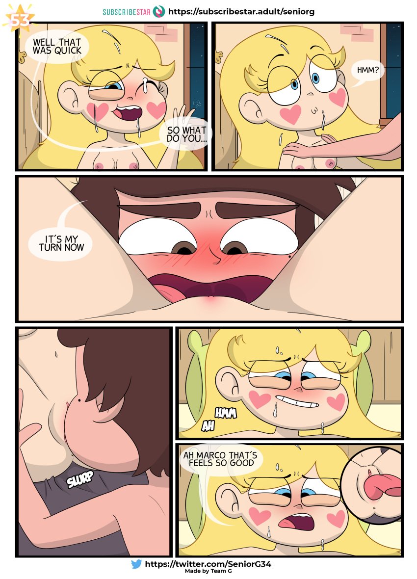 anus blush blushing_profusely comic comic_page cum_on_face cunnilingus heart_cheeks licking_pussy marco_diaz page_53 panels pleasure_face pushing_down seniorg shaved_pussy star_butterfly star_vs_the_forces_of_evil striped_legwear