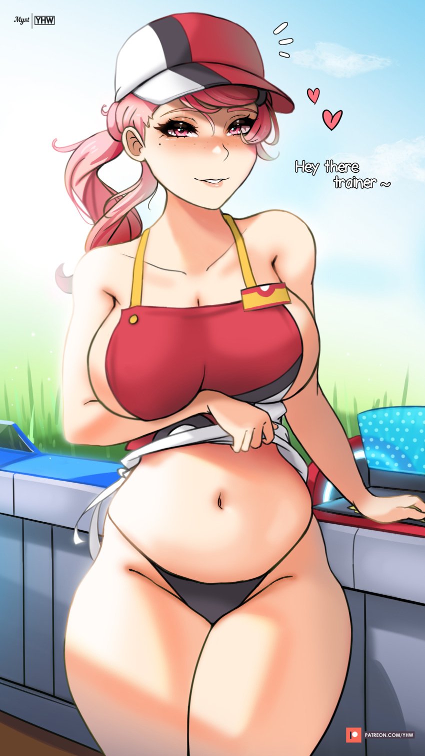 1girls apron apron_lift apron_only baseball_cap belly belly_button big_breasts black_panties blush clothed female female_focus female_only first_porn_of_character game_freak hat lifting looking_at_viewer myst nintendo nurse_joy nurse_joy_(paldea) pink_eyes pink_hair pokemon pokemon_center pokemon_sv seducing seductive sideboob soft_shading thick_thighs tummy wide_hips yhw