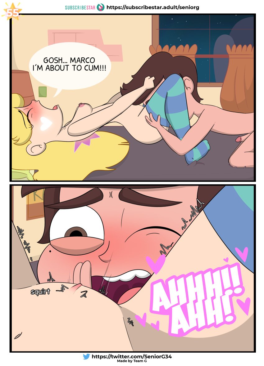 arched_back blush comic comic_page cum_announcement cum_in_face hair_grab marco_diaz orgasm page_55 panels rubbing_pussy seniorg squirting star_butterfly star_vs_the_forces_of_evil striped_legwear