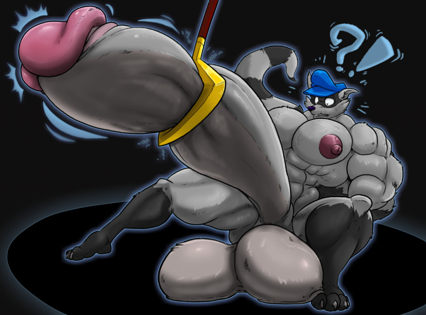 2022 4_toes abs anthro balls big_balls big_muscles big_nipples big_penis claws digital_media_(artwork) erection exclamation_point facial_markings feet fur genital_growth genitals grey_body grey_fur growth head_markings huge_balls huge_cock humanoid_genitalia humanoid_penis hyper hyper_balls hyper_genitalia hyper_penis looking_down male mammal markings mask_(marking) muscular muscular_anthro muscular_male nipples penis penis_growth procyonid puffy_nipples question_mark raccoon sly_cooper sly_cooper_(series) sony_corporation sony_interactive_entertainment sucker_punch_productions toe_claws toes video_games weapon wolfbear303