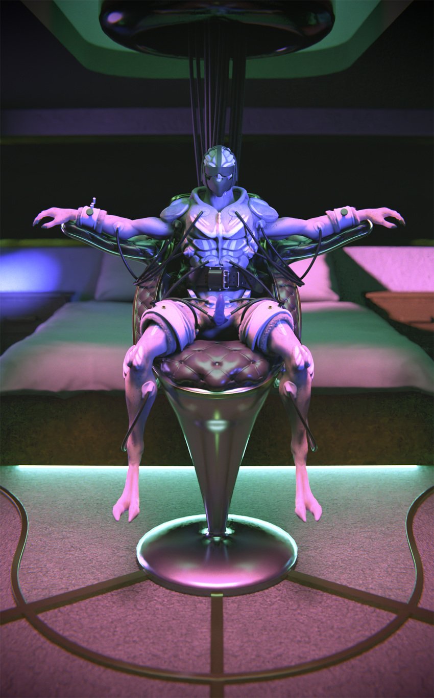 3d_(artwork) alien anthro bed blindfold blue_penis bondage bound chair chair_bondage digital_media_(artwork) electrode electrostimulation erection furniture gag gagged genitals hi_res leather male mammal mass_effect neon_lights nude penis ralic_turman restraints solo solo_male turian video_games wire