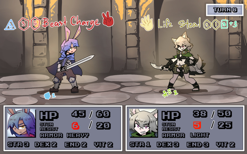 battle bunny_boy_the_swordman_rabbit_(juztplay) gameplay_mechanics health_bar hp_bar juztplay medival numbers rock_paper_scissors rogue_the_wolf_girl_(juztplay) rpg_game safe_for_work sfw tagme trpg