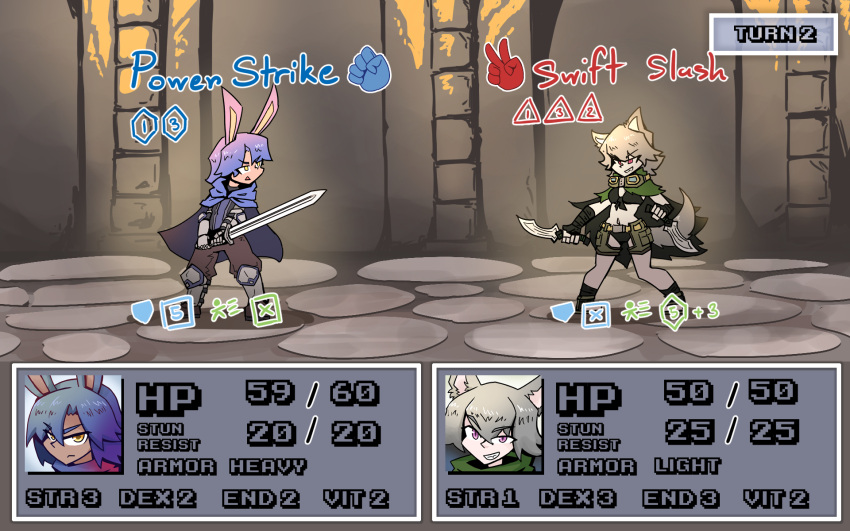 battle bunny_boy_the_swordman_rabbit_(juztplay) gameplay_mechanics health_bar hp_bar juztplay medival numbers rock_paper_scissors rogue_the_wolf_girl_(juztplay) rpg_game safe_for_work sfw tagme trpg