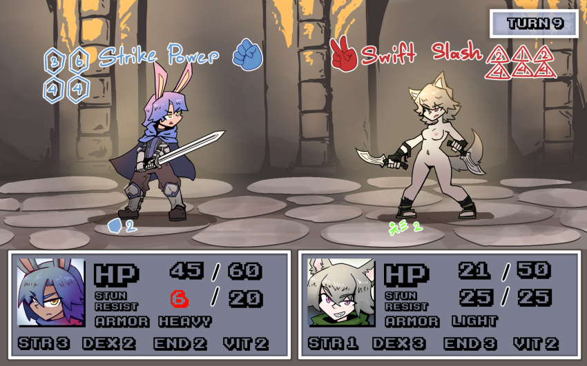 battle bunny_boy_the_swordman_rabbit_(juztplay) gameplay_mechanics health_bar hp_bar juztplay medival naked naked_female numbers rock_paper_scissors rogue_the_wolf_girl_(juztplay) rpg_game tagme trpg