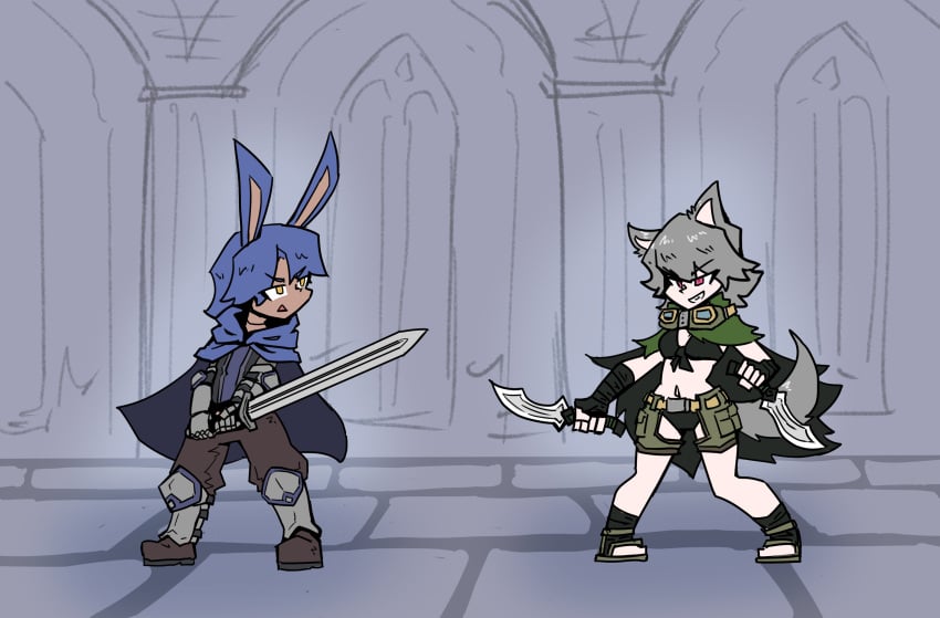 battle black_bra black_panties bunny_boy_the_swordman_rabbit_(juztplay) bunny_ears dagger daggers goggles goggles_around_neck holding_dagger holding_sword holding_weapon juztplay rabbit_ears rabbit_humanoid rogue_the_wolf_girl_(juztplay) safe_for_work sfw sword wolf_ears wolf_girl wolf_humanoid wolf_tail