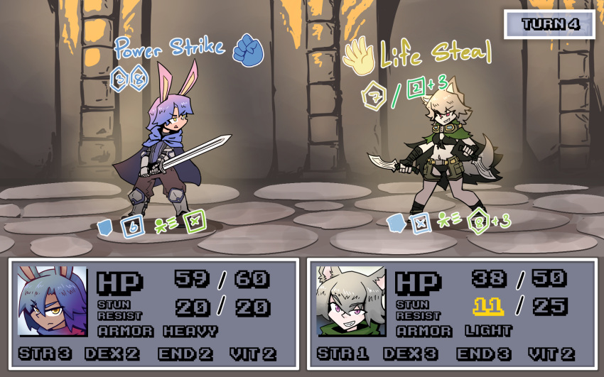 battle bunny_boy_the_swordman_rabbit_(juztplay) gameplay_mechanics health_bar hp_bar juztplay medival numbers rock_paper_scissors rogue_the_wolf_girl_(juztplay) rpg_game safe_for_work tagme trpg