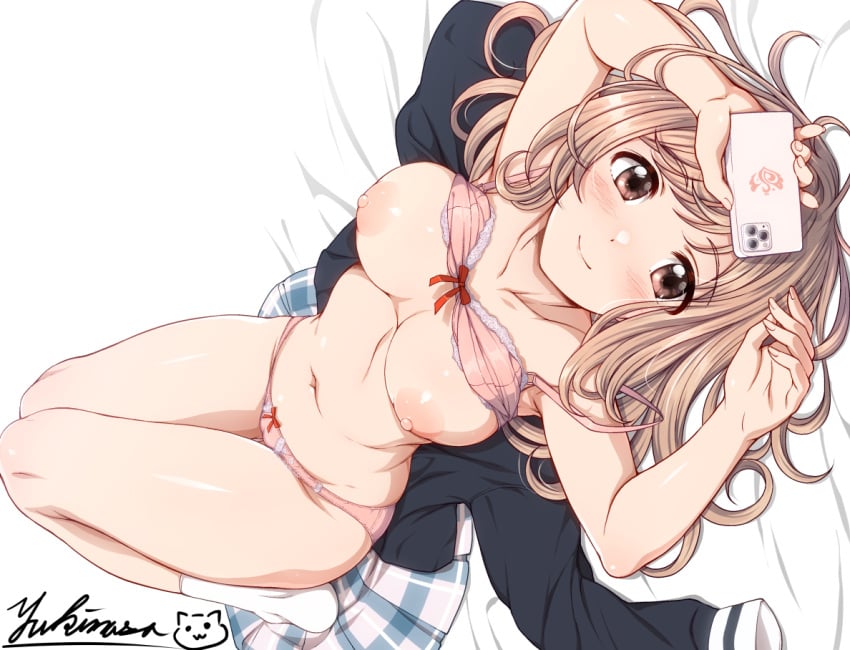 artist_name blush bra bra_lift breasts brown_eyes brown_hair cellphone closed_mouth clothes_removed collarbone female holding holding_phone idolmaster idolmaster_shiny_colors long_hair looking_at_viewer lying medium_breasts navel nipples on_back panties phone pink_bra pink_panties sakuragi_mano smile solo underwear yukimasa_(nkk145)