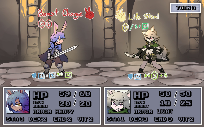 battle bunny_boy_the_swordman_rabbit_(juztplay) gameplay_mechanics health_bar hp_bar juztplay medival numbers rock_paper_scissors rogue_the_wolf_girl_(juztplay) rpg_game safe_for_work sfw tagme trpg