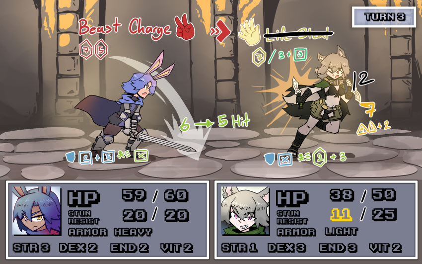 battle bunny_boy_the_swordman_rabbit_(juztplay) gameplay_mechanics health_bar hp_bar juztplay medival numbers rock_paper_scissors rogue_the_wolf_girl_(juztplay) rpg_game safe_for_work sfw tagme trpg