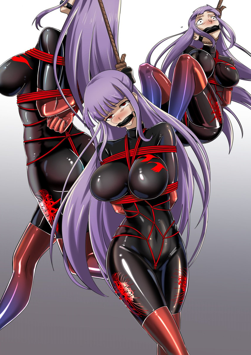 absurdres arms_behind_back asagami_fujino asphyxiation ass bangs bodysuit bondage bondage_outfit boots bound breasts corpse crying dozm_(txnmb) execution eyebrows_hidden_by_hair fate/grand_order fate_(series) female gag gagged gloves guro hanged highres kara_no_kyoukai latex latex_bodysuit long_hair noose purple_hair red_eyes ryona skin_tight solo tears thigh_boots