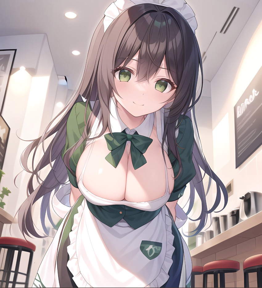 1girls ai_generated anime_style big_breasts bowtie brown_hair cleavage closed_mouth coffee_shop female green_clothing green_eyes looking_at_viewer maid maid_headdress maid_uniform nai_diffusion original stable_diffusion starbucks stuffyai