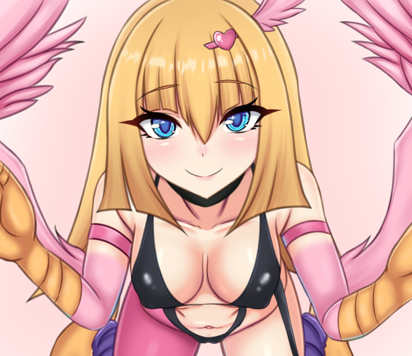 1girls belly_button big_breasts blonde_hair blue_eyes blush breasts cleavage clothed clothing duel_monster eyebrows_visible_through_hair female female_only hair_ornament harpie_girl harpy kataarmd_(qr) light-skinned_female light_skin looking_at_viewer monster_girl nipple_bulge smile solo wings yu-gi-oh!