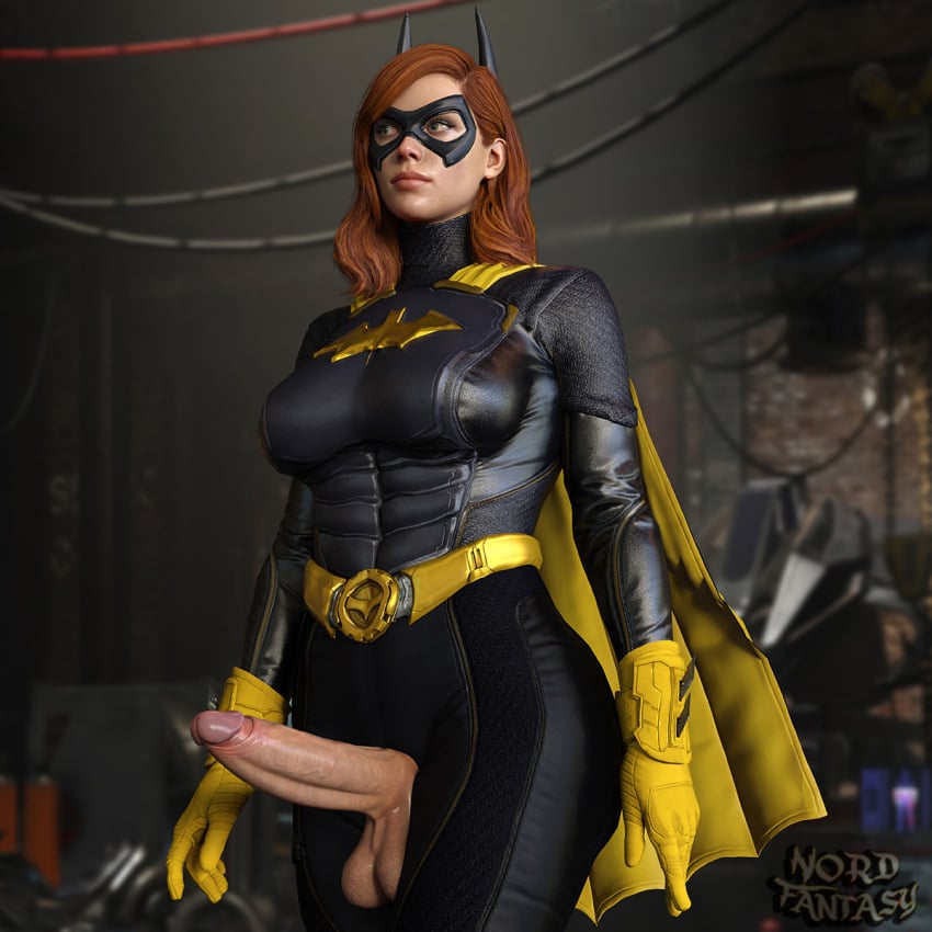 1futa 3d 3d_(artwork) athletic_futanari balls barbara_gordon batgirl batgirl_(gotham_knights) batman_(series) belt big_breasts big_penis blue_eyes breasts cape clothed_futanari clothes dc dc_comics detailed_background erect_penis erection fully_clothed futa_focus futa_only futanari gloves gotham_knights mask masked_female nordfantasy orange_hair penis suit superheroine