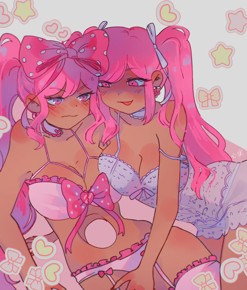 2girls big_breasts bow bow_bra bra breasts hole_(anatomy) hole_in_stomach k0k0midess kokomi lingerie off_shoulder omori panties perfectheart_(omori) pink_bow pink_bra pink_collar pink_eyebrows pink_eyes pink_garter_straps pink_hair pink_hair_bow pink_lingerie pink_panties pink_thighhighs see-through sweetheart_(omori) white_polka_dots