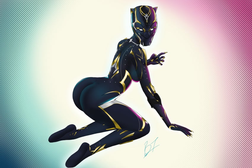 african african_female big_ass black_panther:_wakanda_forever black_panther_(marvel) black_panther_(series) bodysuit female female_only full_body_suit fully_clothed hi_res looking_at_viewer looking_back marvel marvel_cinematic_universe on_knees pinup png pose seductive seductive_pose shuri_(marvel) solo solo_female thick_thighs