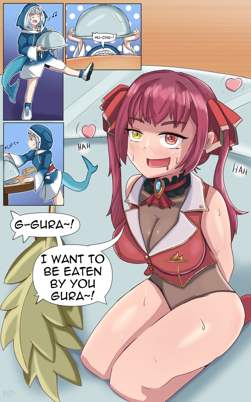 1themainman1 2girls bare_shoulders big_breasts blue_hair blush_lines cleavage comic comic_page english_text exposed_shoulders gawr_gura heterochromia hololive hololive_english hololive_fantasy hoodie houshou_marine kneeling no_legwear pre_vore prevore red_hair shark_girl shark_tail speech_bubble sweat sweating text twintails virtual_youtuber vore white_hair