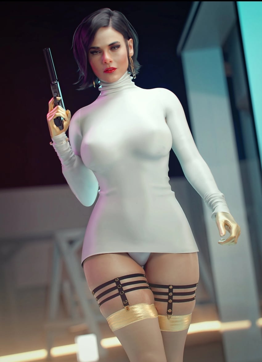 3d call_of_duty clothing female firearm gold_gloves gun handgun helen_park_(cod) human noahgraphicz pale_skin panties pistol suppressor tagme turtleneck weapon