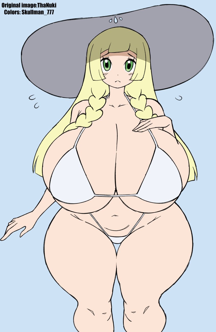 1girls bikini breasts female female_only hat huge_breasts huge_hips lillie_(pokemon) long_hair pokemon pokemon_sm skullman777 tagme thanuki thanukiart thick_thighs venus_body wide_hips