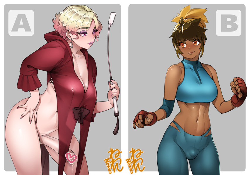 2futas ass bare_shoulders big_breasts big_penis blonde_hair bottomless breasts brown_hair bulge censored cleavage clothed clothing covered_nipples dark-skinned_futanari dark_skin duo earrings erection eyeliner fingerless_gloves foreskin futa_only futa_sans_balls futanari gloves hand_on_hip heart heart_censor horny human intact jewelry light-skinned_futanari light_skin long_foreskin makeup midriff multicolored_hair multiple_girls navel neone neone-x orange_eyes original partially_clothed penis penis_bulge ponytail precum purple_eyes red_gloves shaved_crotch short_hair smile smooth_penis standing two-tone_hair uncut unretracted_foreskin whip