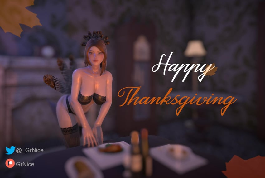 3d brown_hair congratulations food greenice_(gree-nice) holidays solo thanksgiving underwear