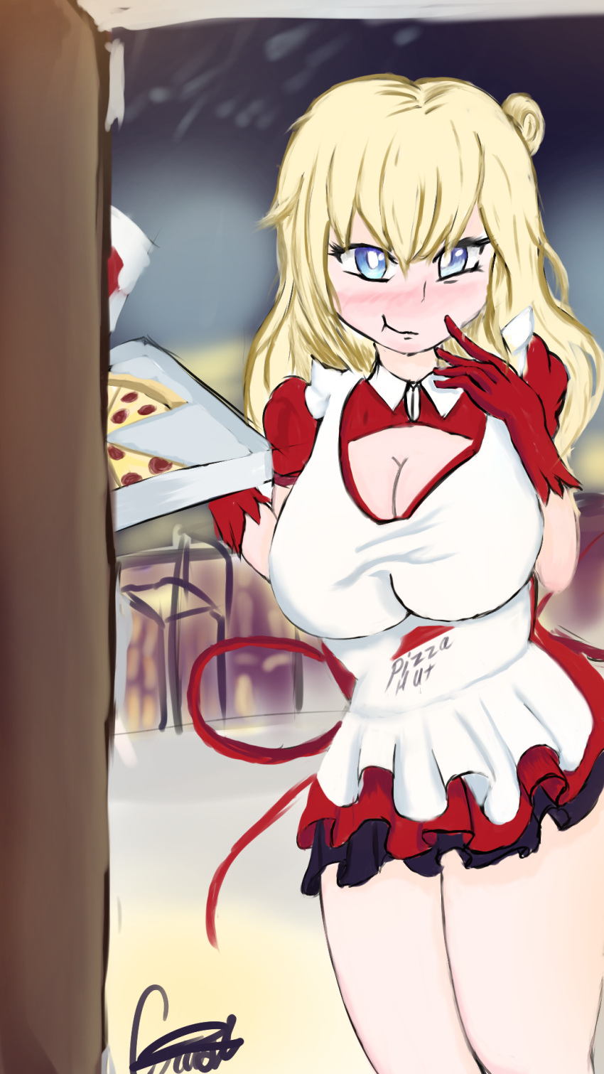 akai_haato artifexcrust big_breasts big_hair blonde_hair blue_eyes blush blushing boobs breasts eating eating_food eating_pizza flustered giant_breasts haachama haaton_(akai_haato) hololive long_hair massive_breasts pizza pizza_box pizza_delivery pizza_hut pizza_slice skirt thick thick_legs thick_thighs tiny_skirt virtual_youtuber white_body white_skin yellow_hair